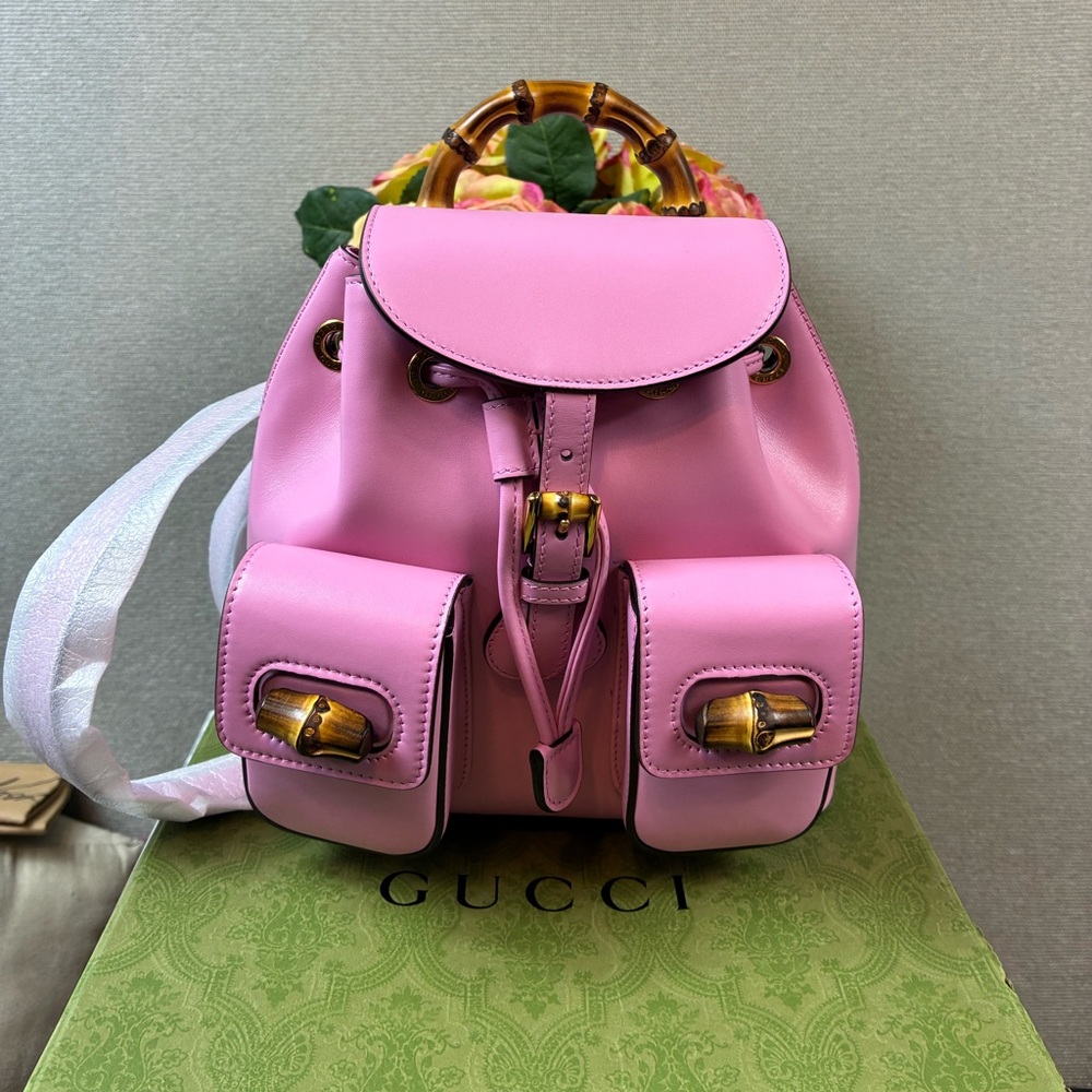 Gucci Pink Leather Small Backpack w/ Bamboo Handle & Accents - Style 702101 NWT